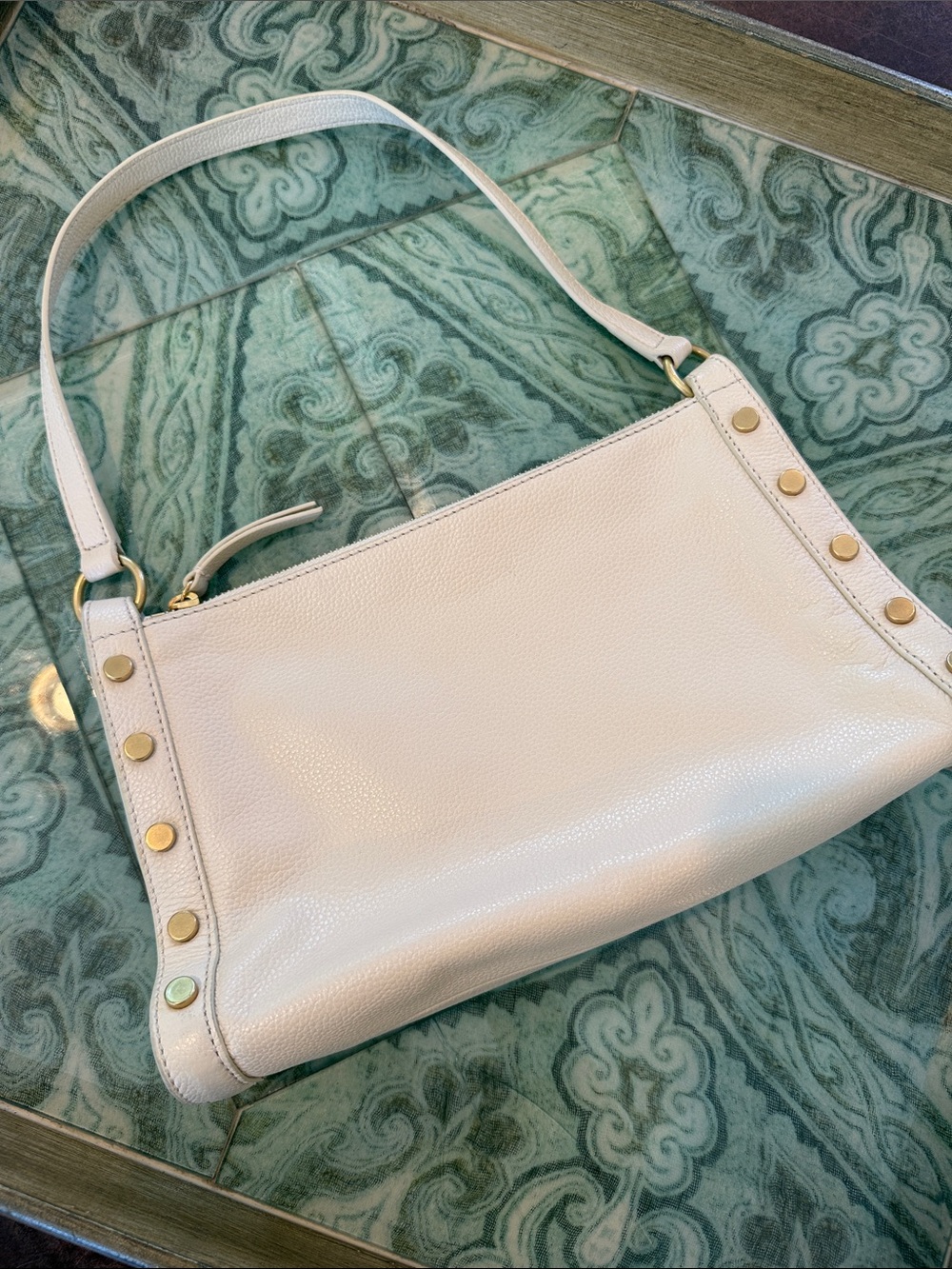 Women’s Cream Leather Shoulder Bag with Gold Stud Accents